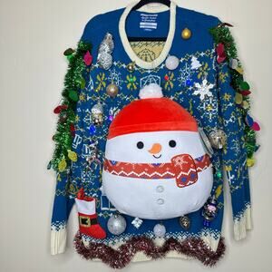 Ugly Christmas Sweater Snowman Squishmallow LIGHTS UP Tinsel Party Winner Sz 2XL